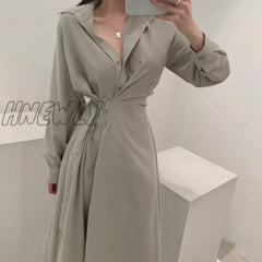 Hnewly Chic Slim Waist Shirt Dress Woman Clothes Single-Breasted Sexy Split Long Dresses Female