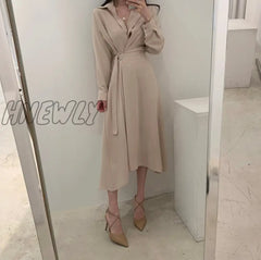 Hnewly Chic Slim Waist Shirt Dress Woman Clothes Single-Breasted Sexy Split Long Dresses Female
