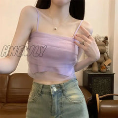 Hnewly Chic Spaghetti Strap Tube Tops Gauze Y2K Women Sleeveless Mesh Tank Top Crop Camisole Female