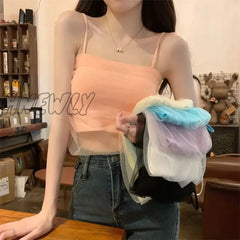 Hnewly Chic Spaghetti Strap Tube Tops Gauze Y2K Women Sleeveless Mesh Tank Top Crop Camisole Female