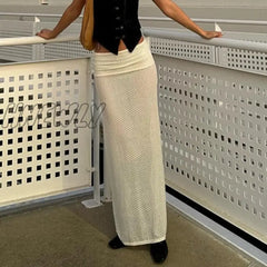 Hnewly Chic Women Holiday Hollow Out Long Skirt 90S Vintage High Waist See Through White Skirts Y2K