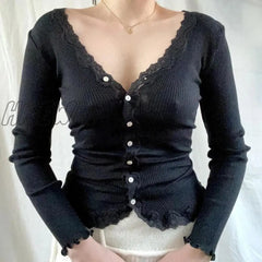 Hnewly Chic Women Retro Black T-Shirt Lace Trim V Neck Button Up Full Sleeve Tees 90S Vintage Y2K