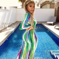 Hnewly Chicology Neon Tie Dye Print Stripe Lace Up Maxi Dress Women Long Sleeve Sexy Autumn Winter