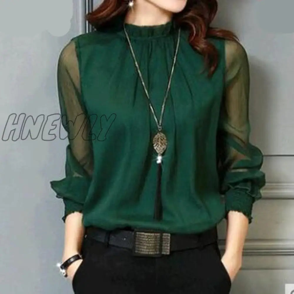 Hnewly Chiffon Blouse New Women Tops Long Sleeve Stand Neck Work Wear Shirts Elegant Lady Casual