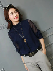 Hnewly Chiffon Blouse New Women Tops Long Sleeve Stand Neck Work Wear Shirts Elegant Lady Casual