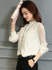Hnewly Chiffon Blouse New Women Tops Long Sleeve Stand Neck Work Wear Shirts Elegant Lady Casual