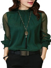 Hnewly Chiffon Blouse New Women Tops Long Sleeve Stand Neck Work Wear Shirts Elegant Lady Casual