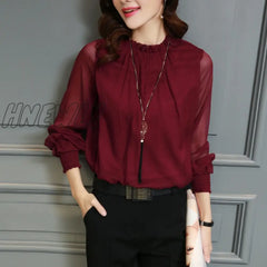 Hnewly Chiffon Blouse New Women Tops Long Sleeve Stand Neck Work Wear Shirts Elegant Lady Casual