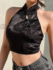 Hnewly Chinese Style Elegant Jacquard Black Halter Top Backless Lace Up Bow Summer Tank Women Sexy