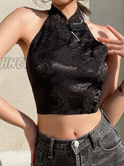 Hnewly Chinese Style Elegant Jacquard Black Halter Top Backless Lace Up Bow Summer Tank Women Sexy