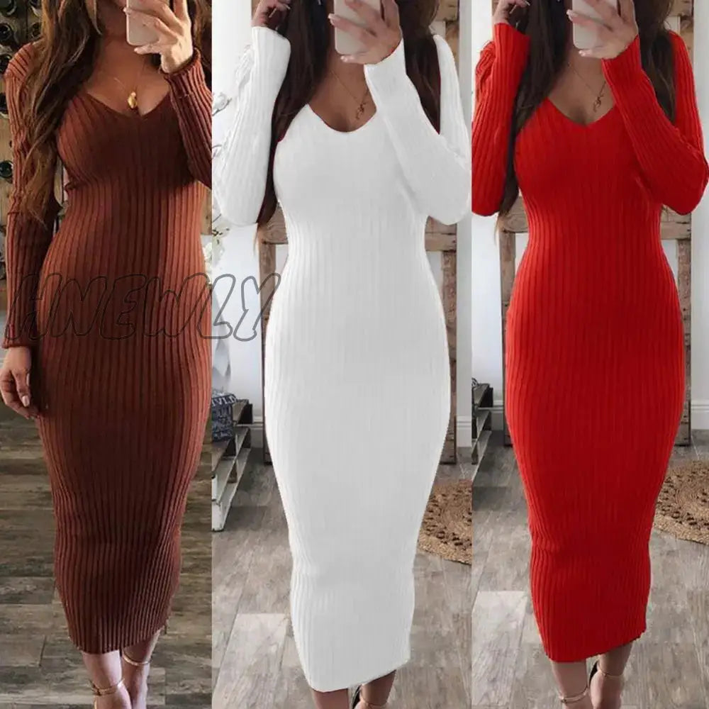 Hnewly Christmas Casual Dresses For Women Sexy Long Sleeve V Neck Backless Ribbed Bodycon Slim