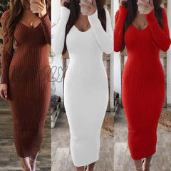 Hnewly Christmas Casual Dresses For Women Sexy Long Sleeve V Neck Backless Ribbed Bodycon Slim