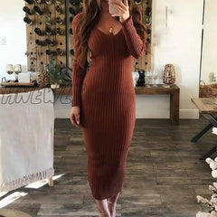 Hnewly Christmas Casual Dresses For Women Sexy Long Sleeve V Neck Backless Ribbed Bodycon Slim