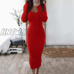 Hnewly Christmas Casual Dresses For Women Sexy Long Sleeve V Neck Backless Ribbed Bodycon Slim