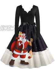 Hnewly Christmas Costumes Party Dress Women Long Sleeve V Neck Fur Collar 1950S Housewife Vintage