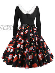 Hnewly Christmas Costumes Party Dress Women Long Sleeve V Neck Fur Collar 1950S Housewife Vintage