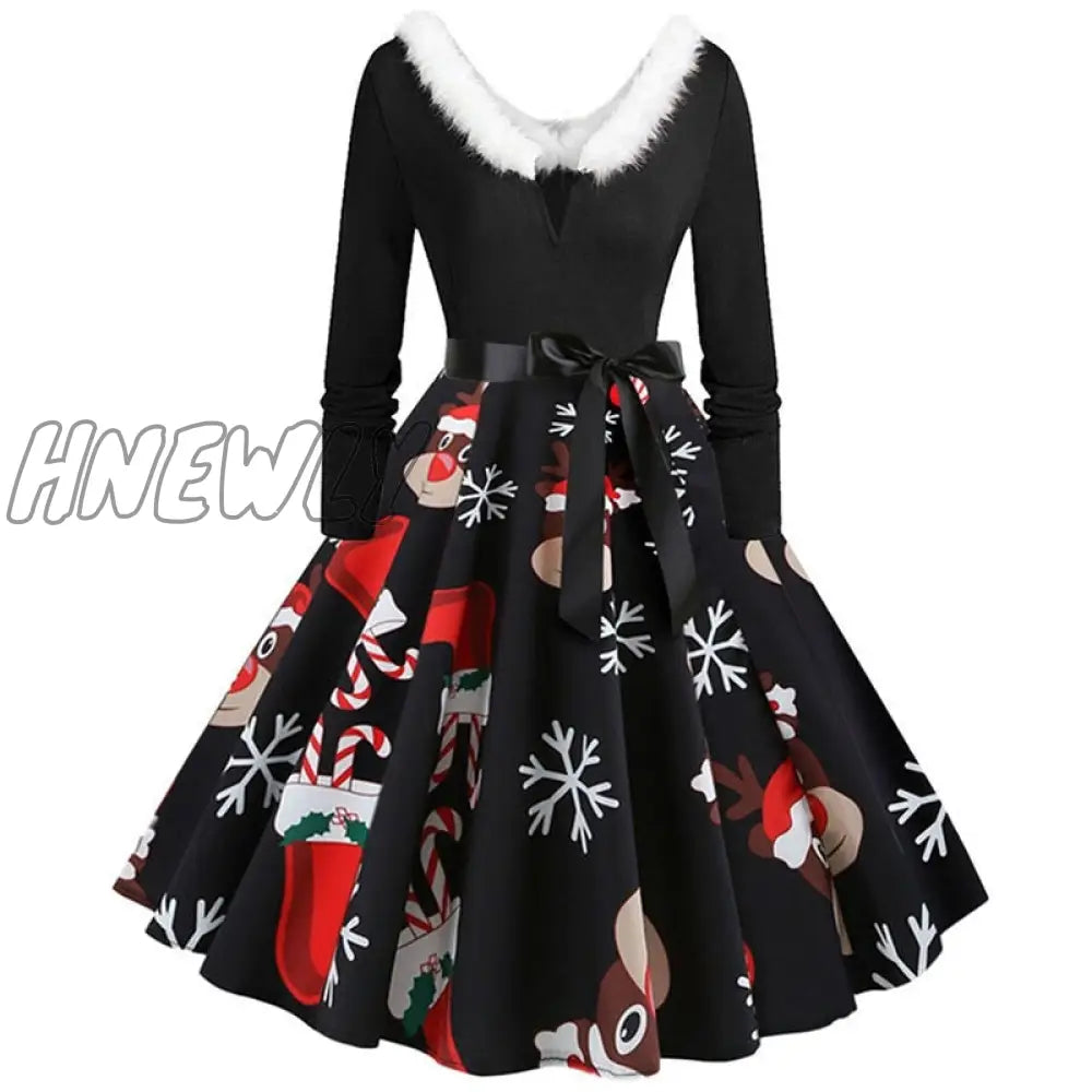 Hnewly Christmas Costumes Party Dress Women Long Sleeve V Neck Fur Collar 1950S Housewife Vintage