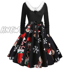 Hnewly Christmas Costumes Party Dress Women Long Sleeve V Neck Fur Collar 1950S Housewife Vintage