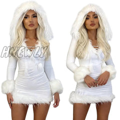 Hnewly Christmas Lady Sexy Plush Skirt Women’s Dress Hem Splicing Frenulum Solid Color V-Neck