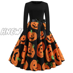 Hnewly Christmas Party Dress Women Winter Printed Big Swing Black Dresses 50S 60S Vintage Long