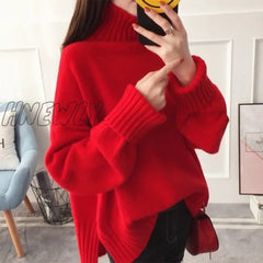 Hnewly Christmas Party Outfits Fashion Thick High Collar Red Pink Knitted Sweater Women Tops Autumn