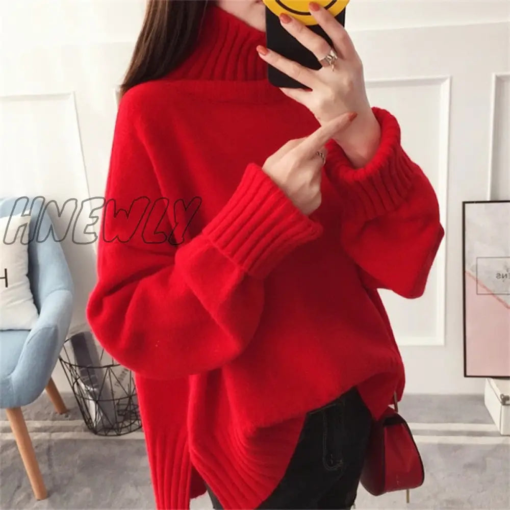 Hnewly Christmas Party Outfits Fashion Thick High Collar Red Pink Knitted Sweater Women Tops Autumn