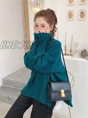 Hnewly Christmas Party Outfits Fashion Thick High Collar Red Pink Knitted Sweater Women Tops Autumn
