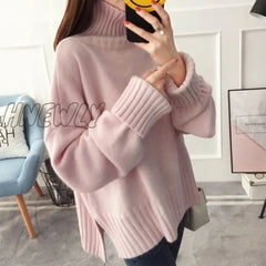 Hnewly Christmas Party Outfits Fashion Thick High Collar Red Pink Knitted Sweater Women Tops Autumn