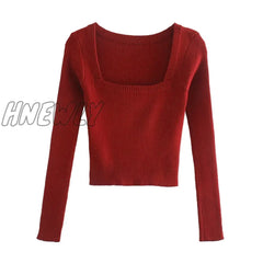 Hnewly Christmas Party Outfits Vintage Square Neck Women Sweater Red Long Sleeve Female Knitted