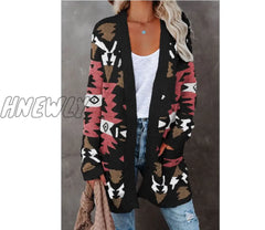 Hnewly Christmas Printing Women Cardigan Knitting Open Stitch Lady Sweater Jacket Thermal Long