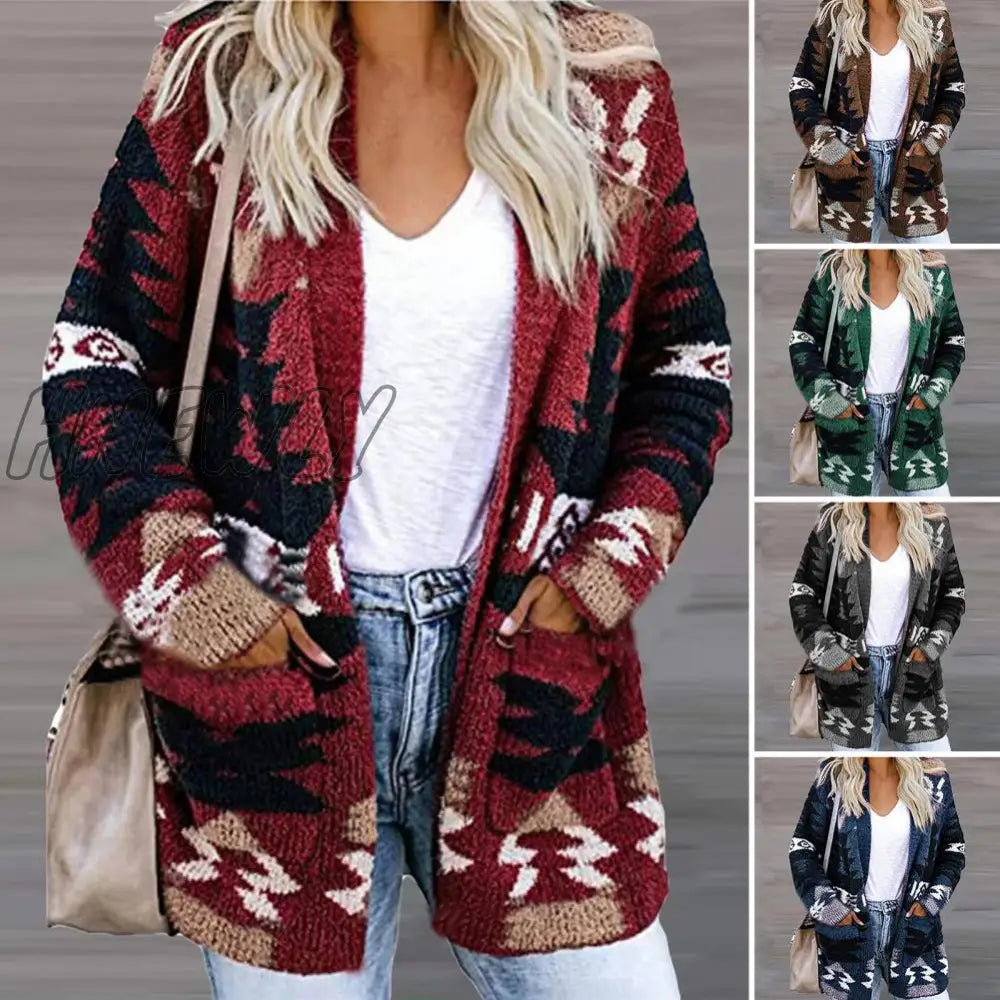 Hnewly Christmas Printing Women Cardigan Knitting Open Stitch Lady Sweater Jacket Thermal Long