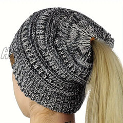 Hnewly Classic Coldproof Thick Beanie With Ponytail Hole Solid Color Chunky Cable Knit Hats Label