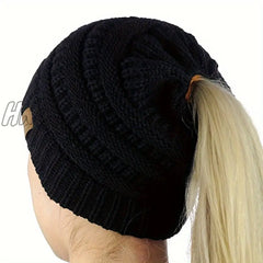 Hnewly Classic Coldproof Thick Beanie With Ponytail Hole Solid Color Chunky Cable Knit Hats Label