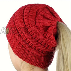Hnewly Classic Coldproof Thick Beanie With Ponytail Hole Solid Color Chunky Cable Knit Hats Label