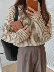 Hnewly Coffee Stripes Cotton T-Shirts Women Loose-Fitting Autumn 2024 Hot Sale Lady Casual Full