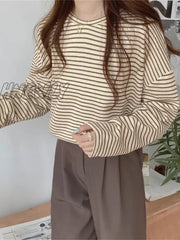 Hnewly Coffee Stripes Cotton T-Shirts Women Loose-Fitting Autumn 2024 Hot Sale Lady Casual Full