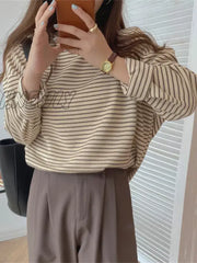 Hnewly Coffee Stripes Cotton T-Shirts Women Loose-Fitting Autumn 2024 Hot Sale Lady Casual Full