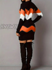 Hnewly Color Block Simple Dress Casual Long Sleeve Bodycon Mini Women’s Clothing
