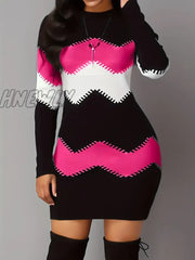 Hnewly Color Block Simple Dress Casual Long Sleeve Bodycon Mini Women’s Clothing
