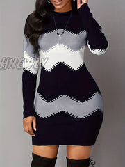 Hnewly Color Block Simple Dress Casual Long Sleeve Bodycon Mini Women’s Clothing