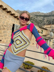 Hnewly Color Contrast Knitted Crop Tops Women Summer Fall Long Sleeve Casual Pullover Sweaters