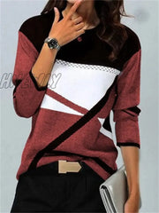 Hnewly Color Contrast Women T Shirt Fashion Aesthetic Design Spring Autumn New Cotton Polyester O -