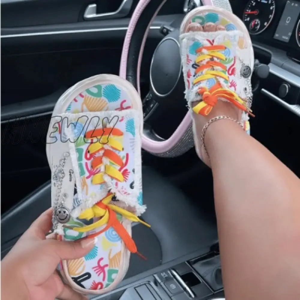 Hnewly - Colour Casual Graffiti Frenulum Round Comfortable Shoes Shoes Slippers