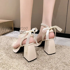 Comfort Shoes For Women Pearl Sandals Suit Female Beige Increasing Height Block Heels All-Match