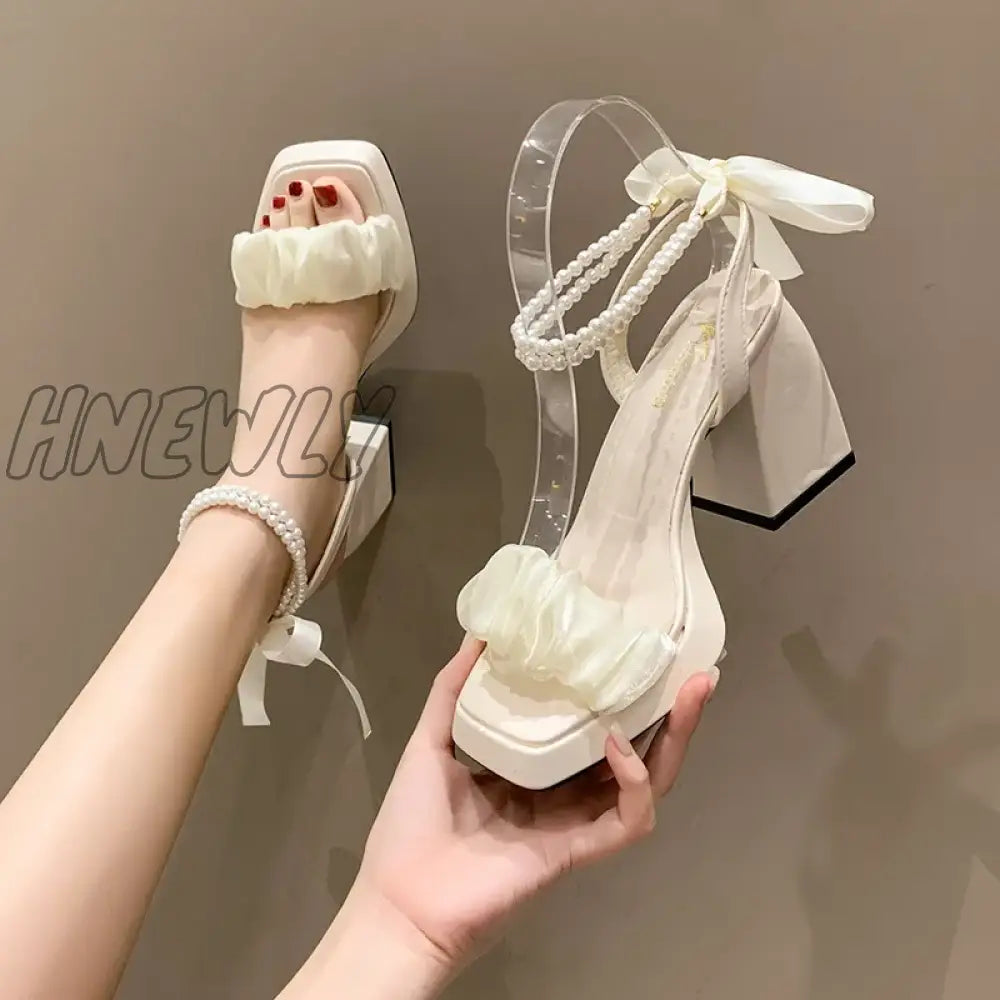 Comfort Shoes for Women Pearl Sandals Suit Female Beige Increasing Height Block Heels All-Match Black Bow 2024 Fashion Chunky Girl