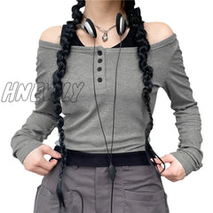 Hnewly Contrast Crop Top Y2K Aesthetic Women Grunge Cold Shoulder Round Neck Long Sleeve T Shirt