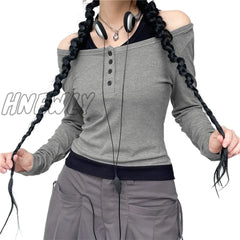 Hnewly Contrast Crop Top Y2K Aesthetic Women Grunge Cold Shoulder Round Neck Long Sleeve T Shirt