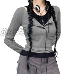 Hnewly Contrast Crop Top Y2K Aesthetic Women Grunge Cold Shoulder Round Neck Long Sleeve T Shirt