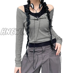 Hnewly Contrast Crop Top Y2K Aesthetic Women Grunge Cold Shoulder Round Neck Long Sleeve T Shirt