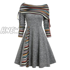 Hnewly Convertible Cinched Striped Flare Dress Foldover Off The Shoulder Knitted Dresses Women 2024